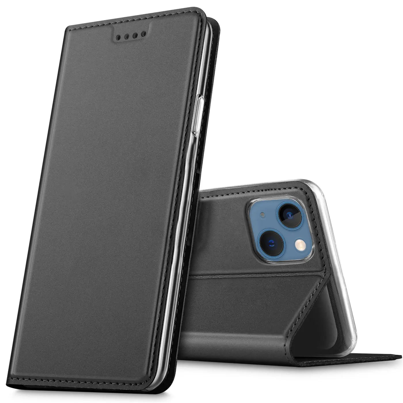 Schwarze Leder-Flip-Hülle, seitliche Ansicht, zeigt iPhone 13 Rückseite.
