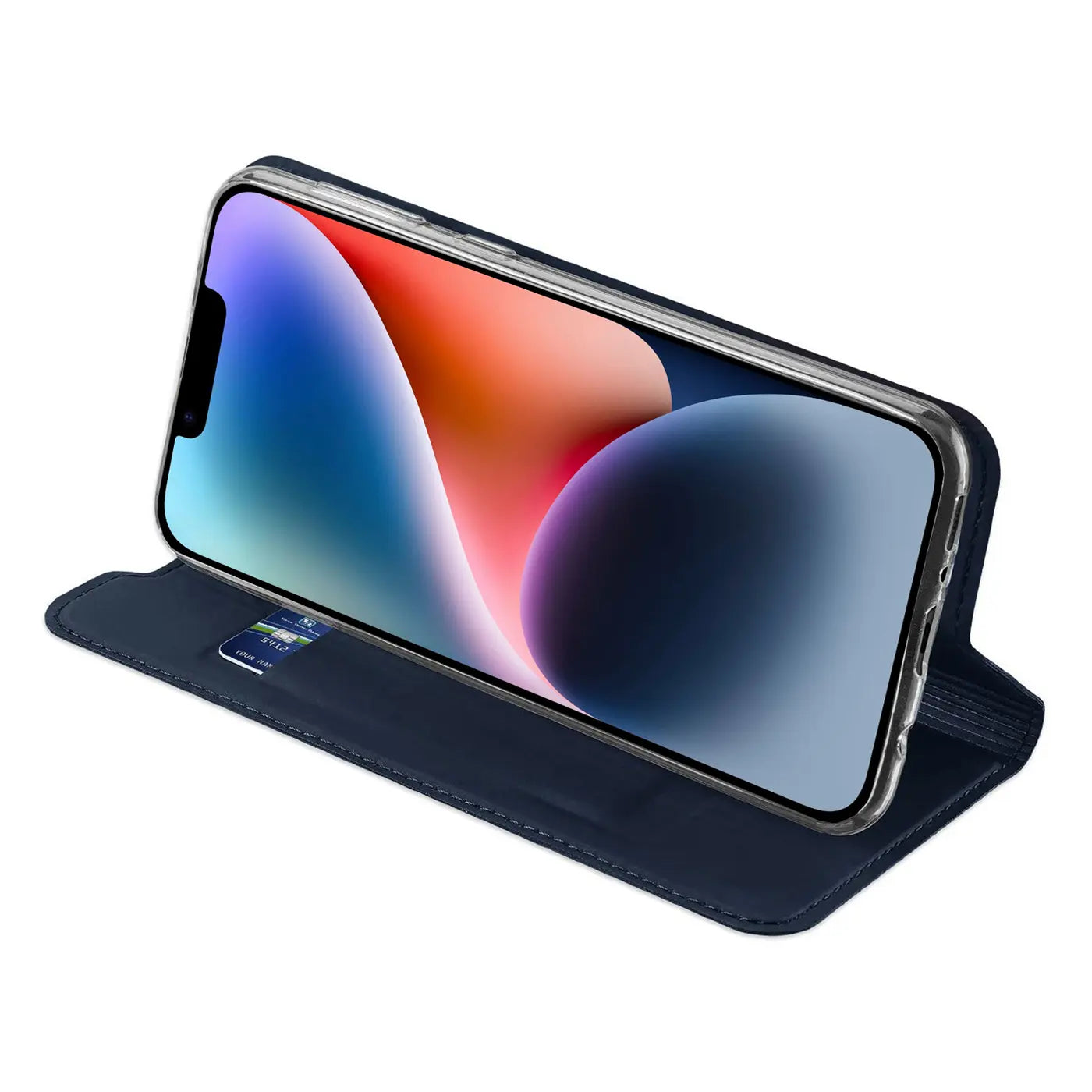 Dunkelblaue Leder-Flip-Hülle mit iPhone 14, von vorne schräg