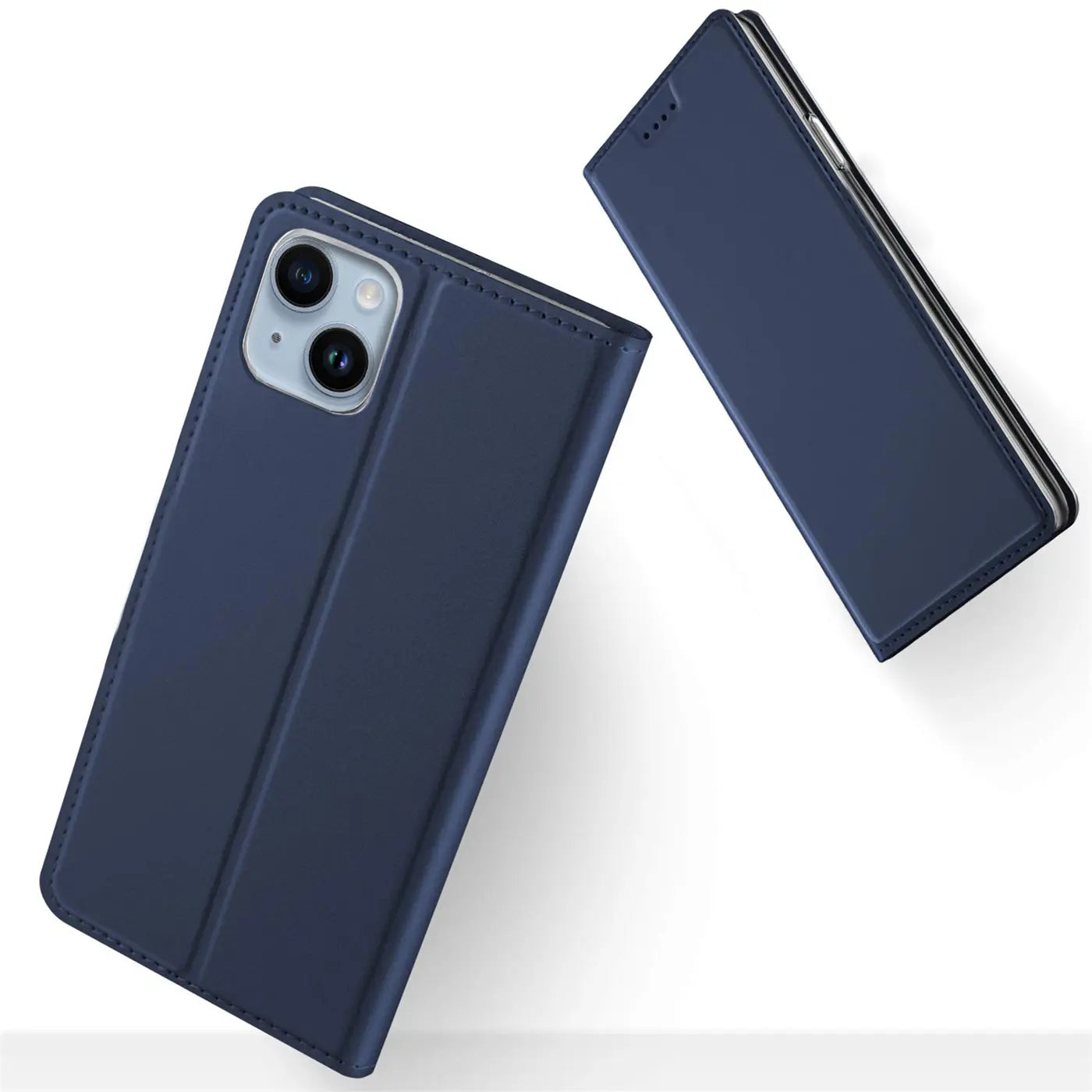 Dunkelblaue Leder-Flip-Hülle für iPhone 14 Plus, von oben schräg fotografiert.