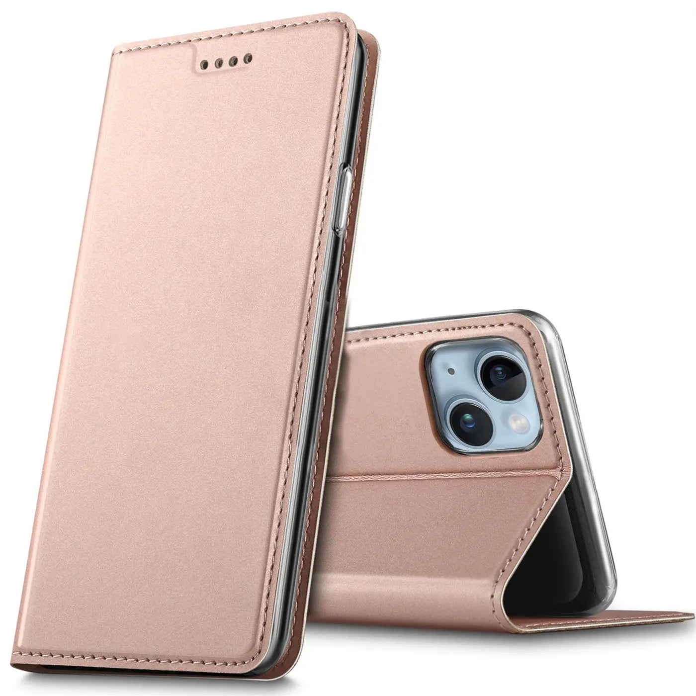 Rosafarbene Leder-Flip-Hülle mit iPhone 14 Plus, Nahaufnahme