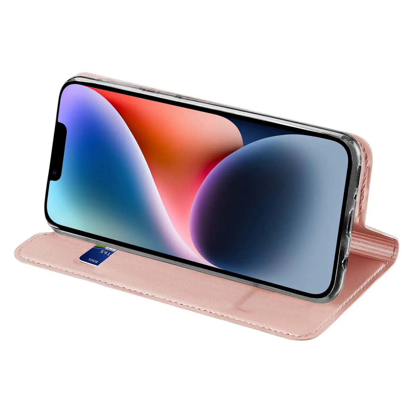 iPhone 14 Plus in rosafarbener Kunstleder-Klapphülle, von vorne links, mit SIM-Kartenfach.