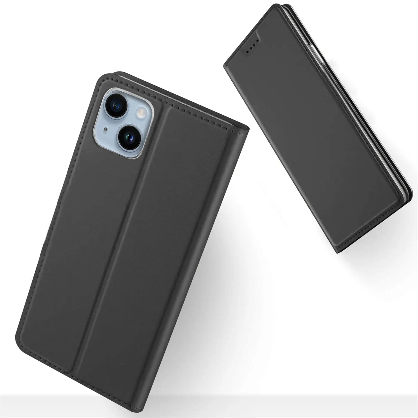 Dunkelgraue Leder-Flip-Hülle für iPhone 14, von vorne schräg fotografiert.