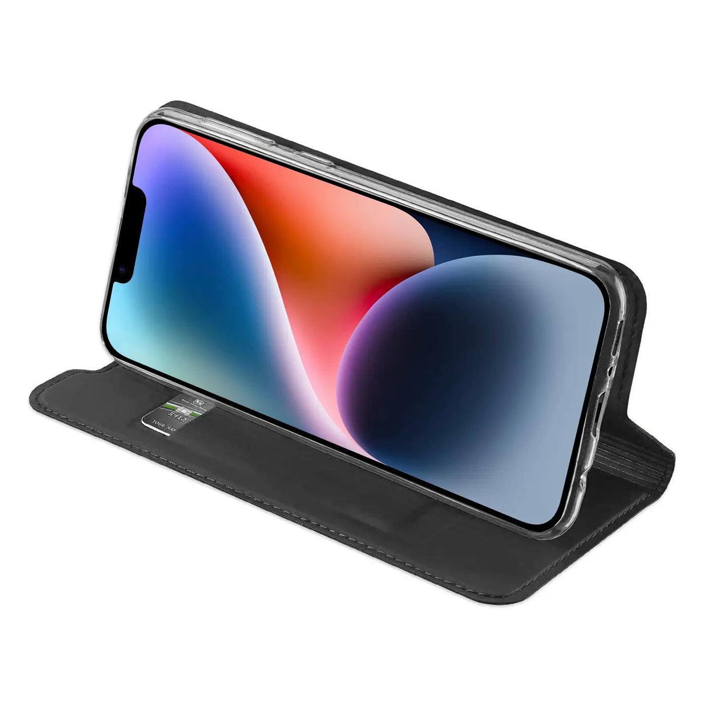 Schwarze Leder-Flip-Hülle mit iPhone 14, Seitenansicht.
