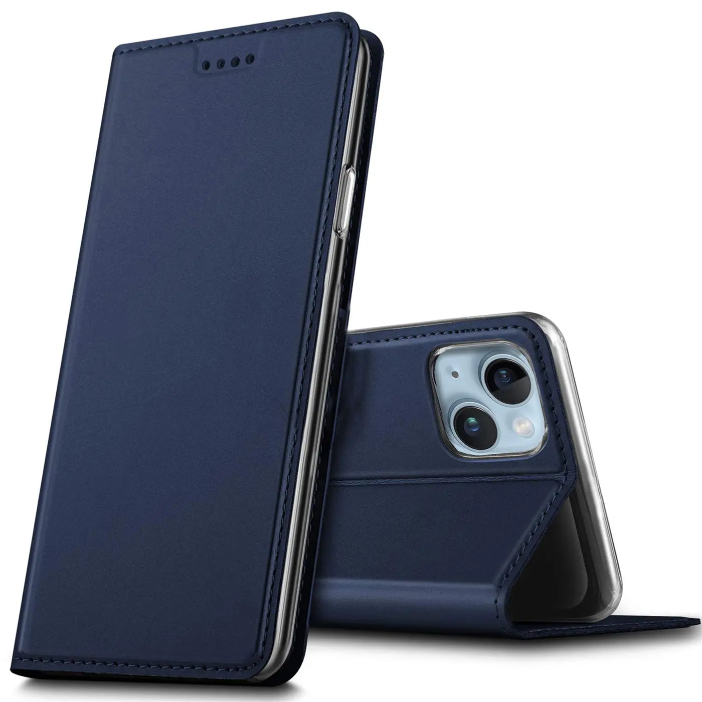 Dunkelblaue Leder-Flip-Hülle für iPhone 15, von vorne und hinten gezeigt.