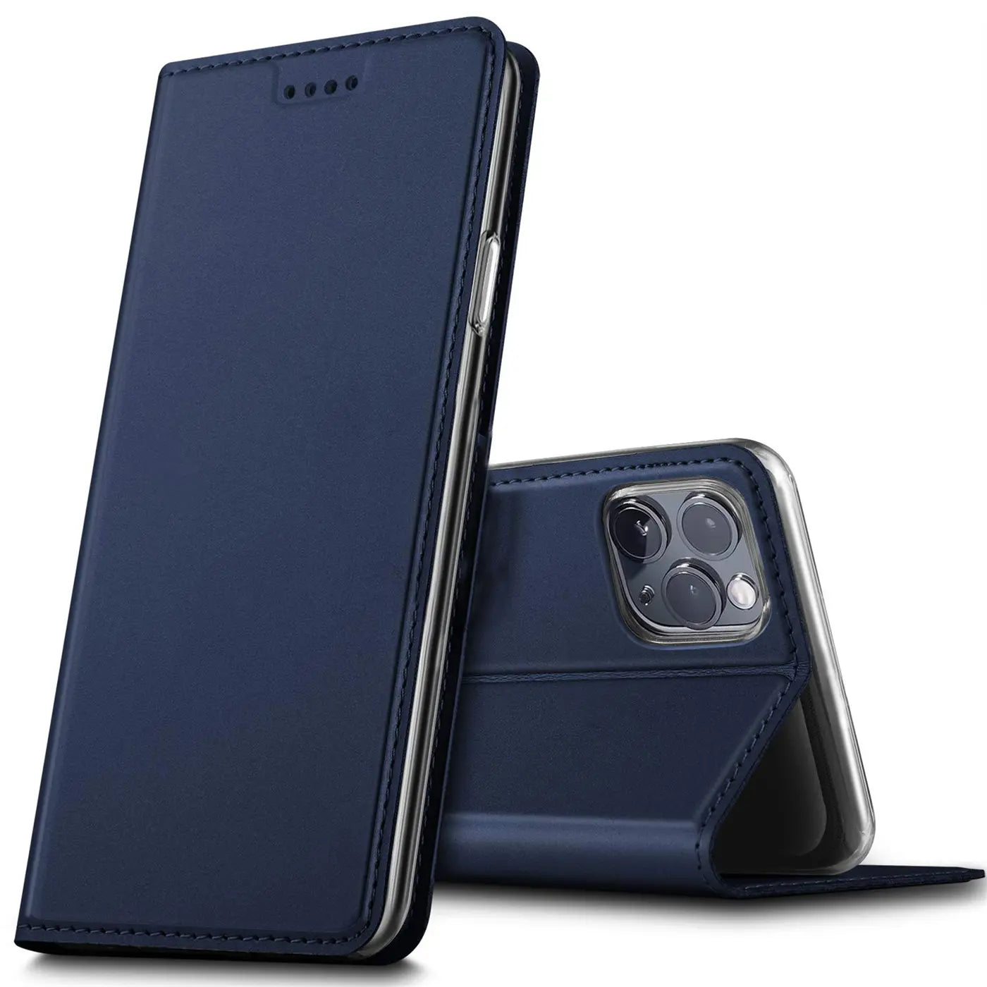 Dunkelblaue Leder-Flip-Hülle, seitliche Ansicht, zeigt iPhone 15 Pro Max Rückseite