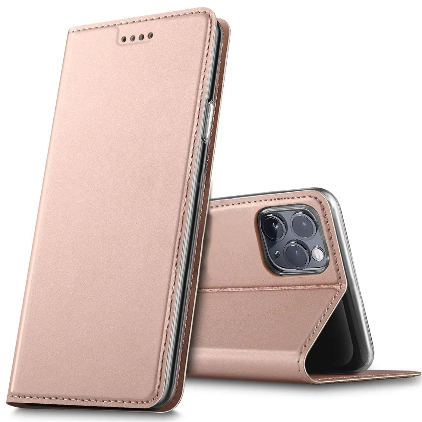 Roségoldene Klapphülle aus Kunstleder für iPhone 15 Pro Max, von vorne und hinten gezeigt.