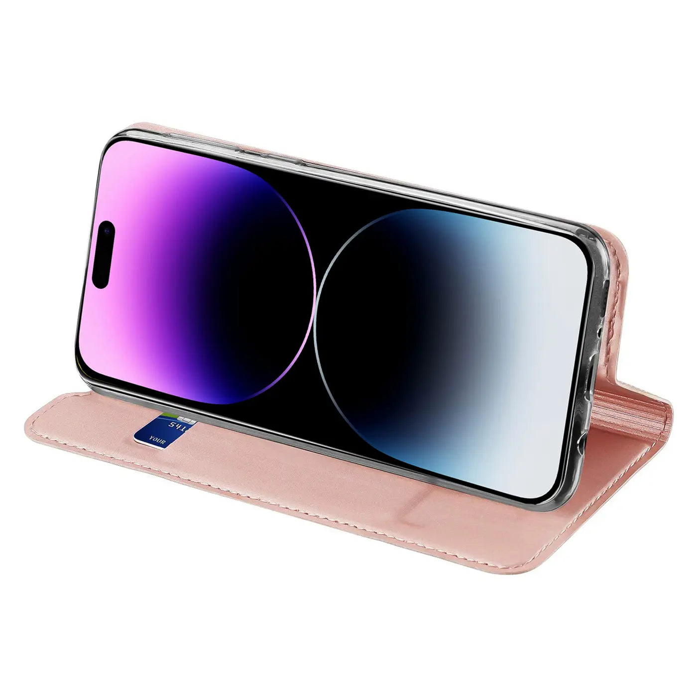 Rosa Leder-Flip-Hülle mit iPhone 15 Pro Max, von vorne schräg