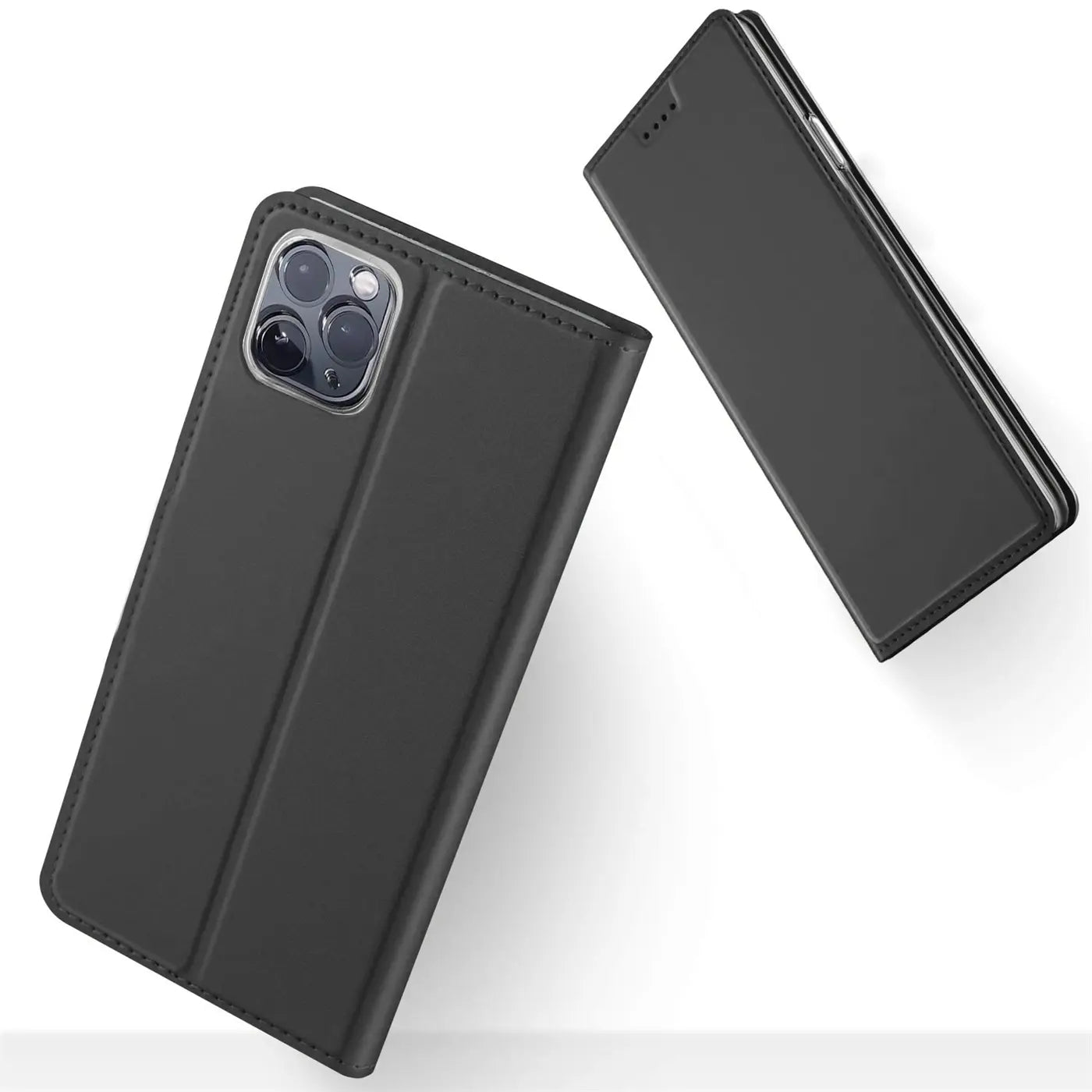 Schwarze Leder-Flip-Hülle für iPhone 15 Pro Max, von vorne, mit offenem Deckel.