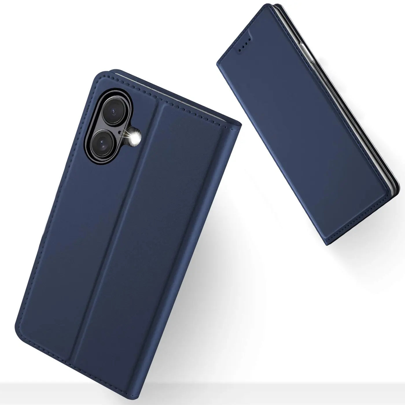 Dunkelblaue Leder-Flip-Hülle für iPhone 16 Plus, von vorne schräg.