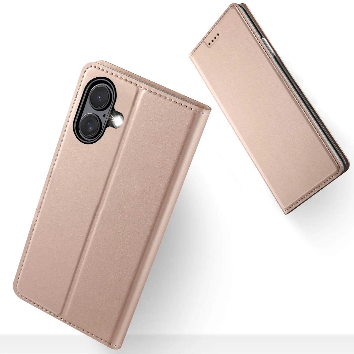 Metallic rosegoldene Klapphülle aus Lederimitat für iPhone 16 Plus, von vorne/oben gesehen.