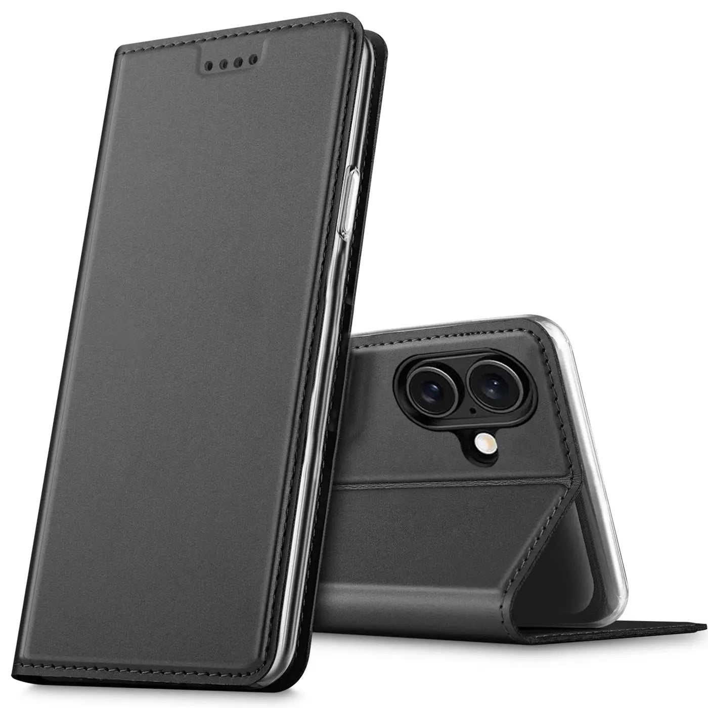 Schwarze Leder-Flip-Hülle, seitliche Ansicht, zeigt Kamera auf iPhone 16 Plus.