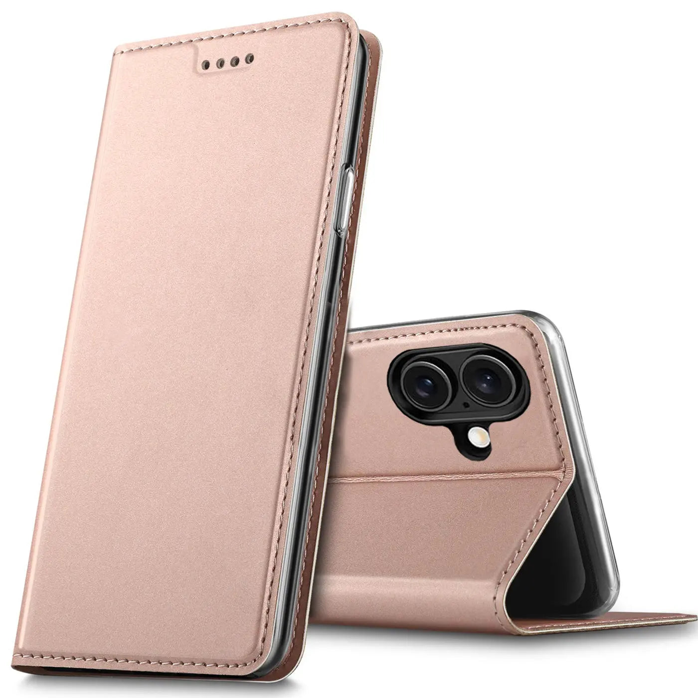 Rosafarbene Leder-Flip-Hülle für iPhone 16, von vorne und hinten gezeigt.