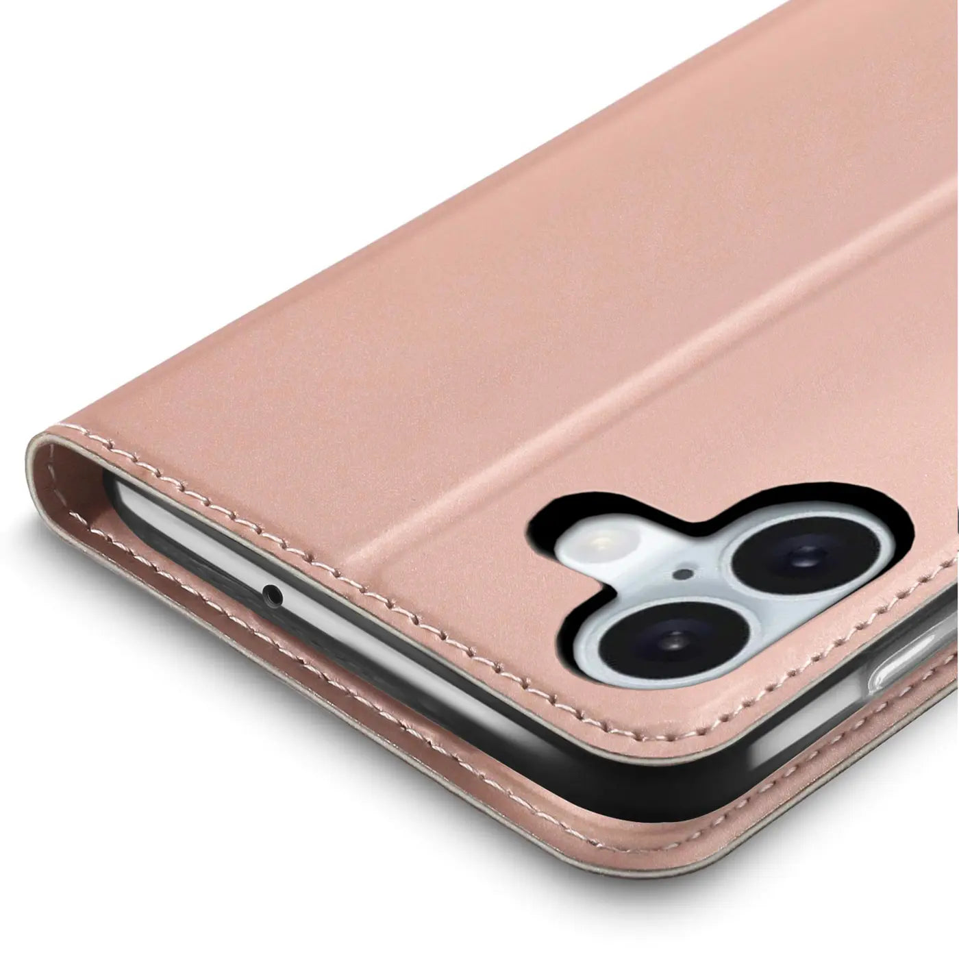 Rosafarbene Metallic-Flip-Hülle aus Leder, Nahaufnahme, iPhone 16 mit Kamera.