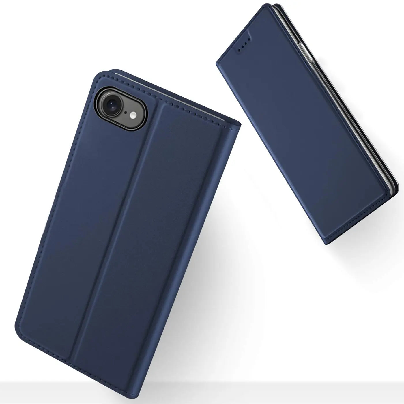 Dunkelblaue Leder-Flip-Hülle für iPhone 16e, von vorne schräg gezeigt.