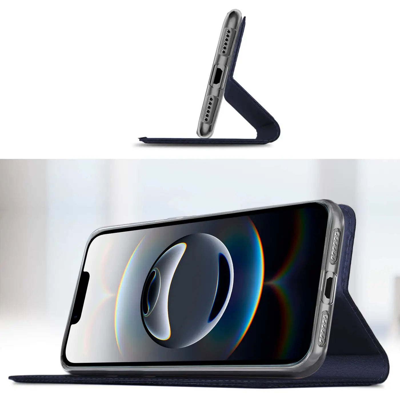 Dunkelblaue Klapphülle aus Stoff mit integriertem Ständer für iPhone 16e.