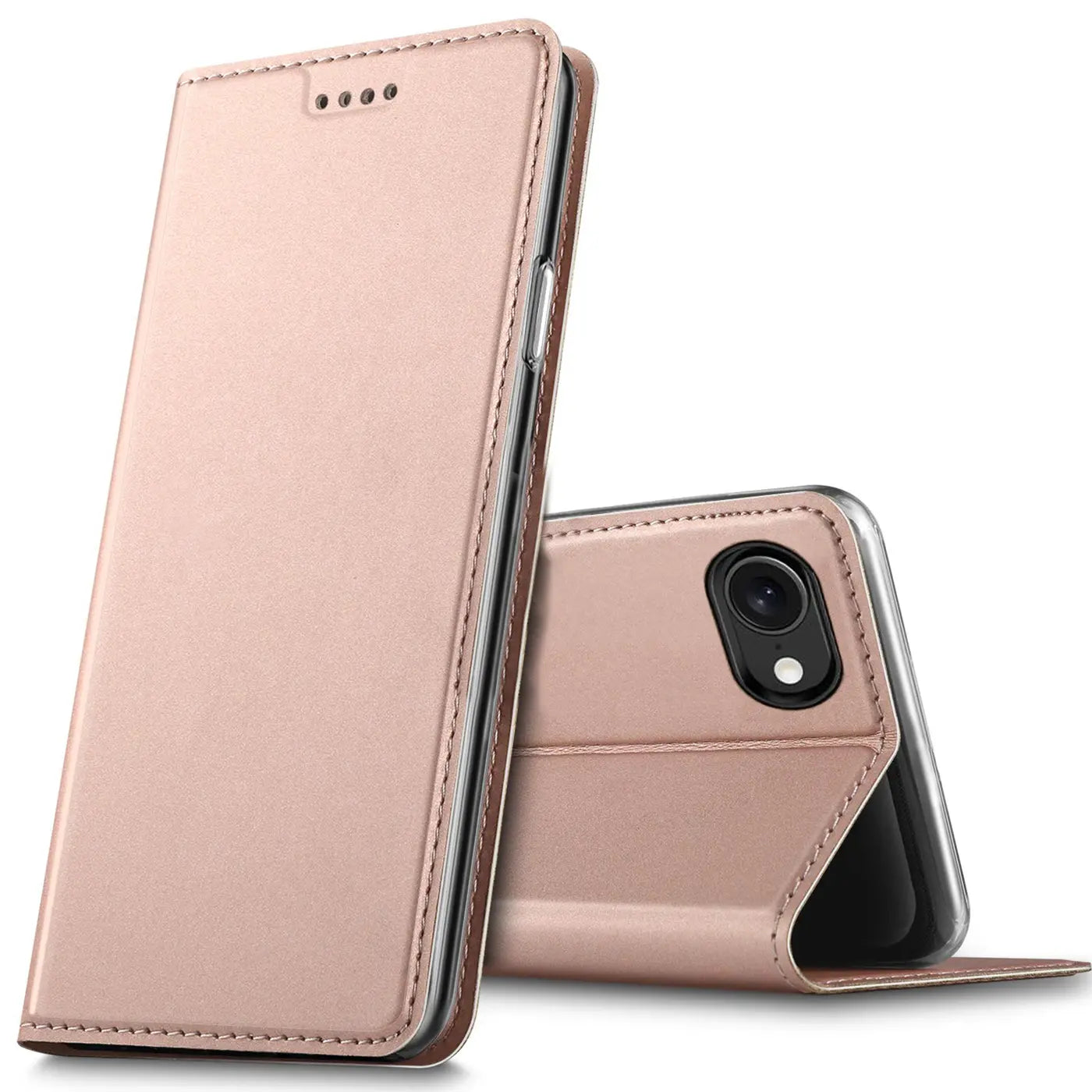 Roségoldene Leder-Flip-Hülle, vorne und hinten, mit iPhone 16e