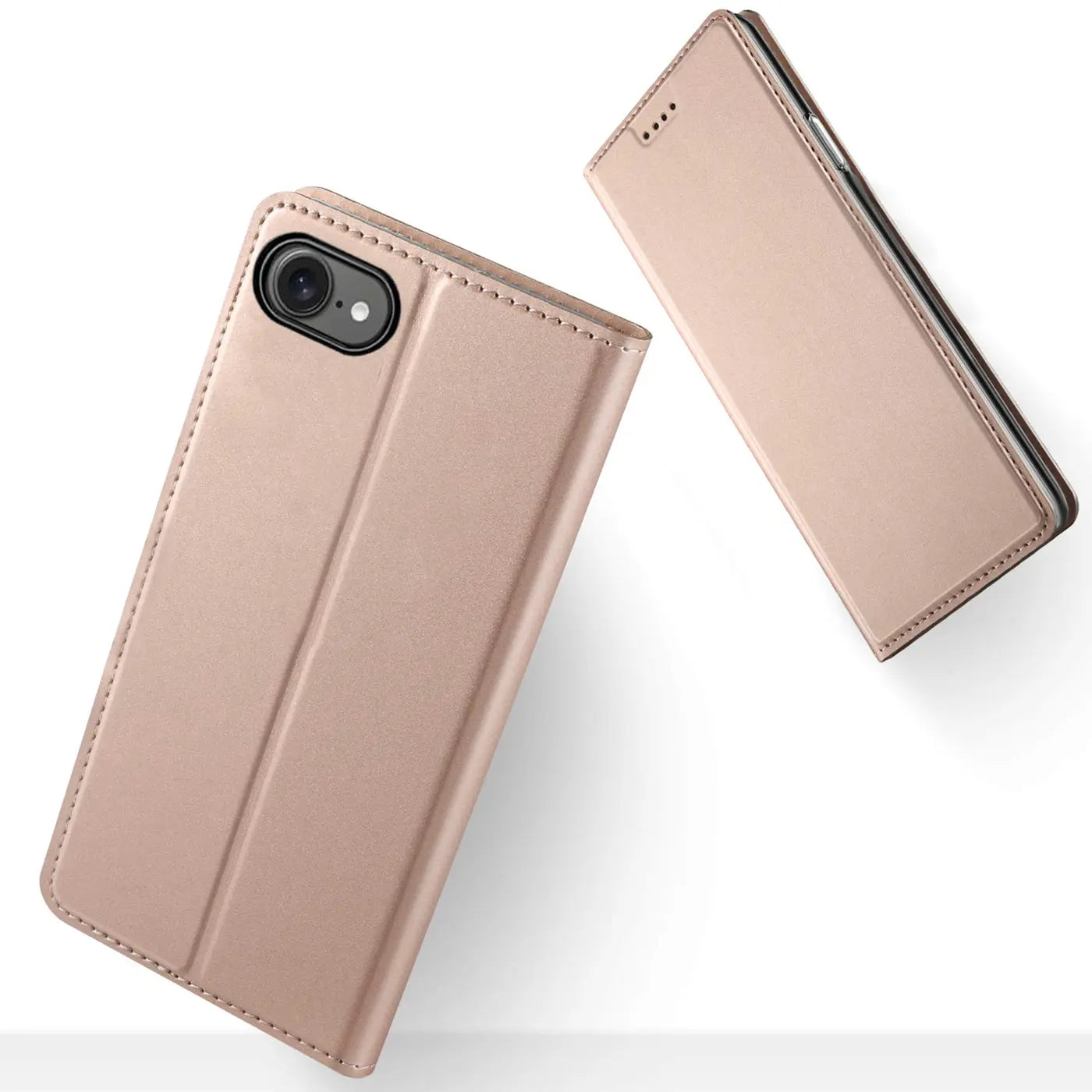 Roségoldene Klapphülle aus Lederimitat für iPhone 16e, von oben gesehen.