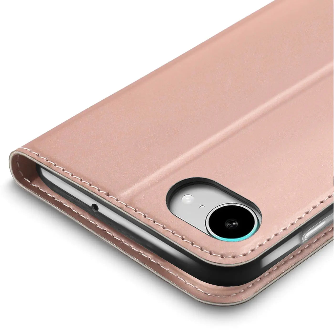 Roségoldene Leder-Flip-Hülle für iPhone 16e, Nahaufnahme, Rückseite mit Kamera