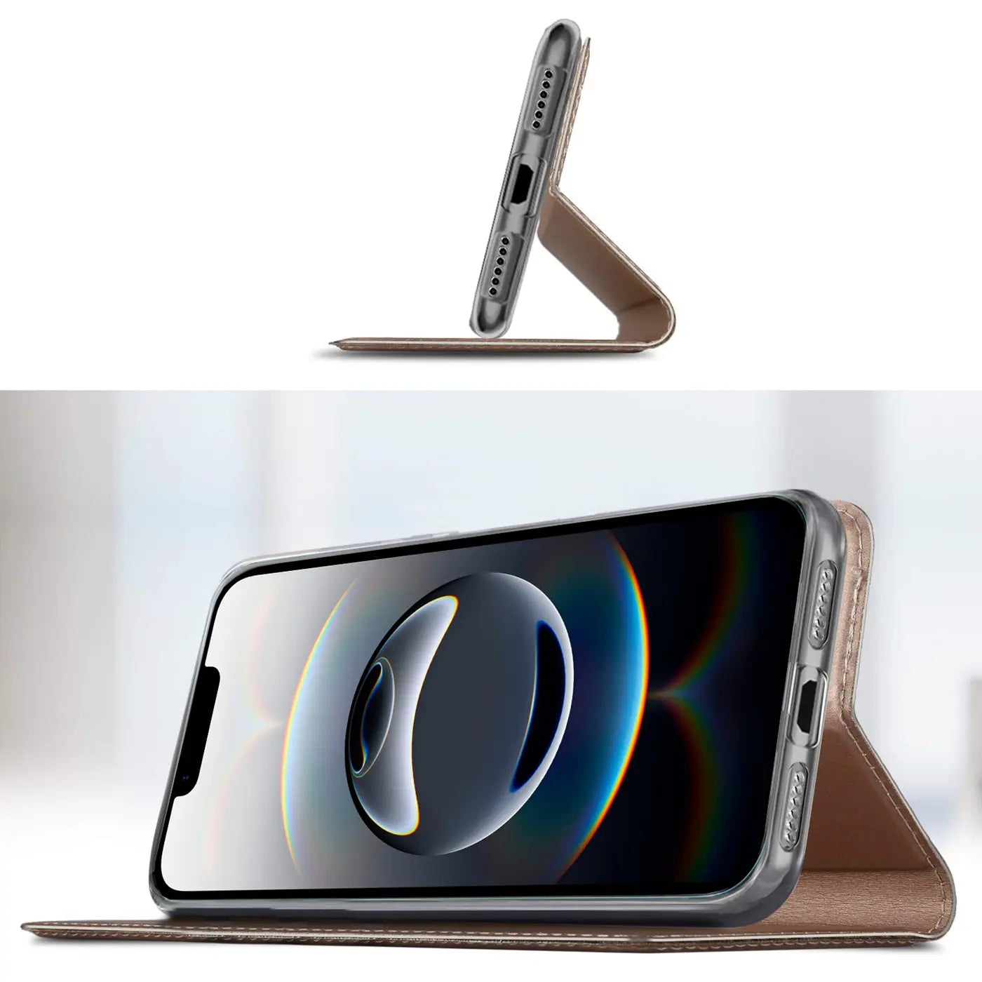 Braune Leder-Flip-Hülle mit Ständerfunktion für iPhone 16e, Seitenansicht.