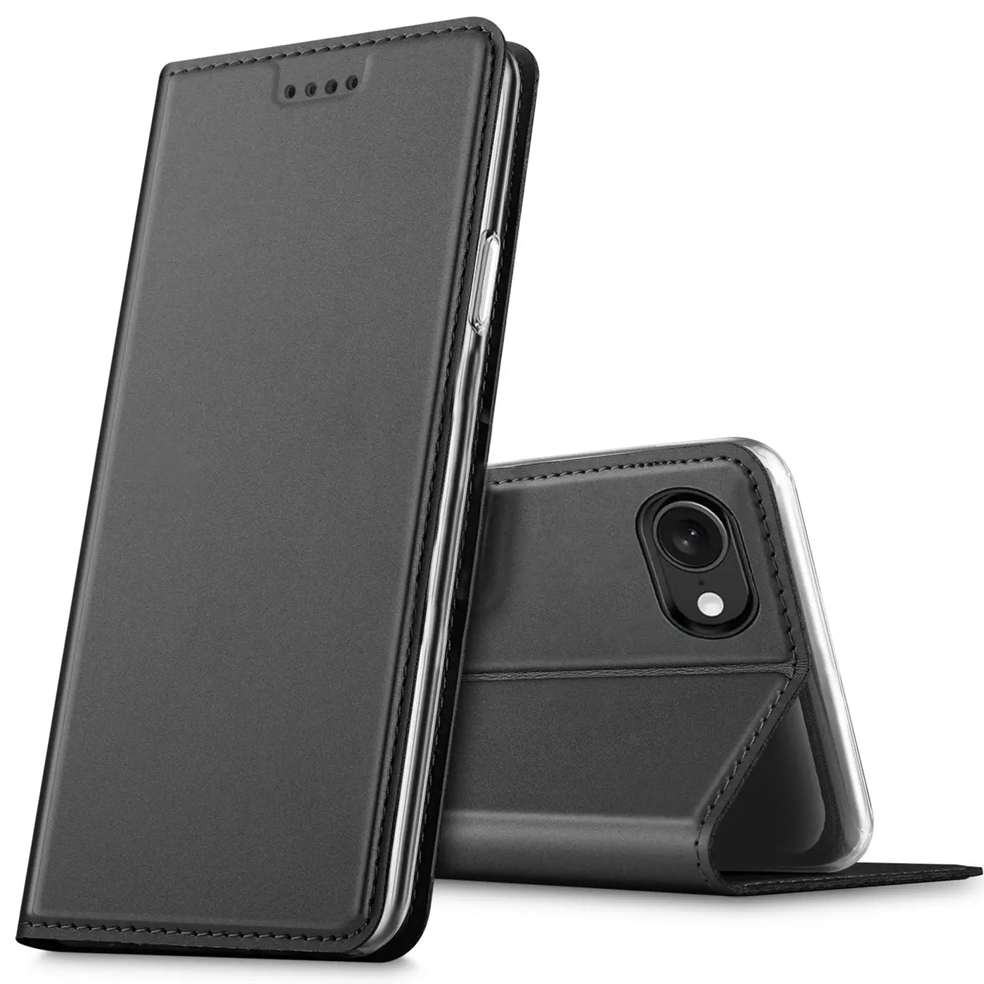 Schwarze Leder-Flip-Hülle, seitliche Ansicht, mit iPhone 16e