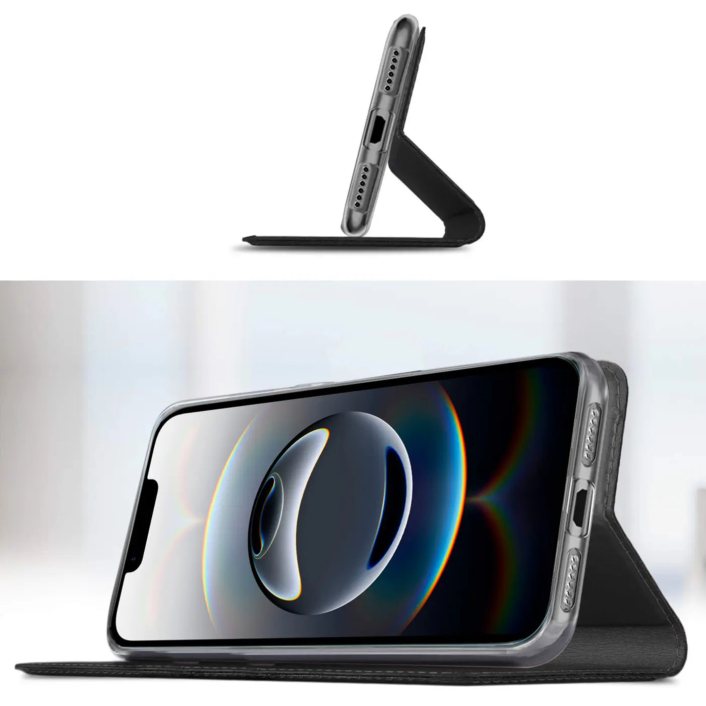 Schwarze Klapphülle aus Lederimitat mit integriertem Ständer für iPhone 16e, Seitenansicht.
