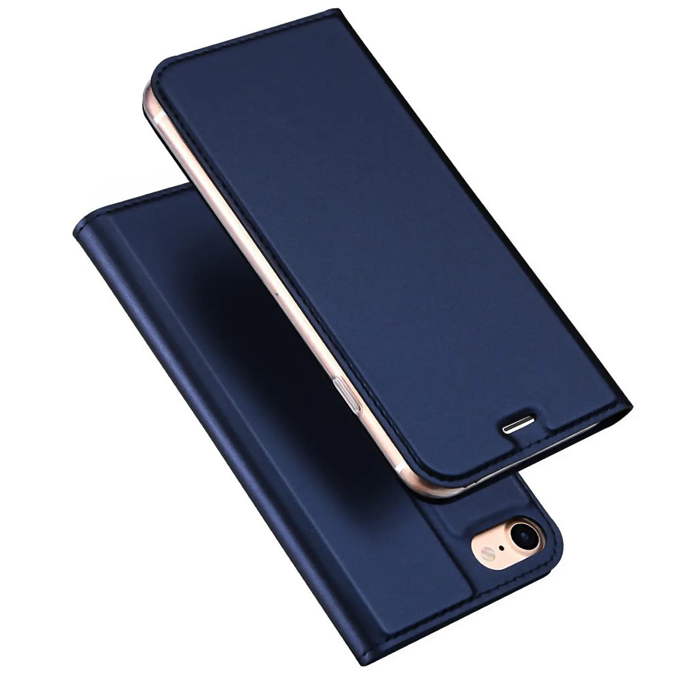 Dunkelblaue Leder-Flip-Hülle für iPhone 5/5S/SE, von oben schräg fotografiert.