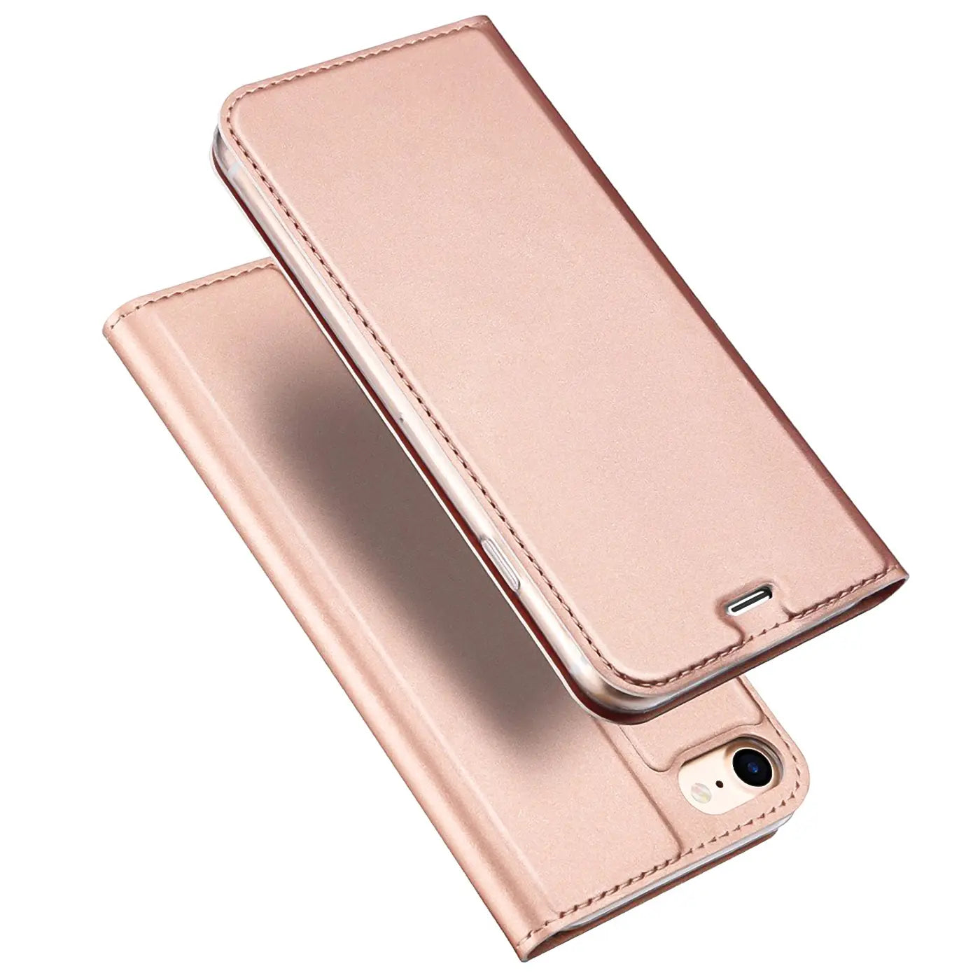 Roségoldene Klapphülle aus Kunstleder für iPhone 5/5S/SE, von oben fotografiert.