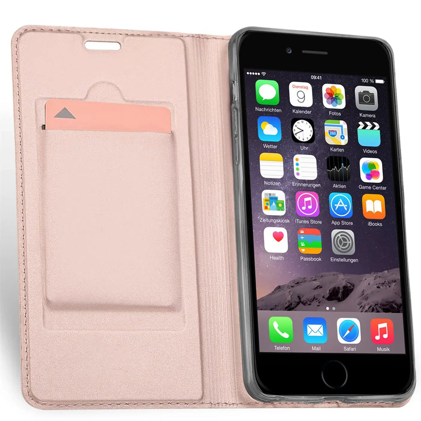 Rosa Klapphülle aus Kunstleder mit Kartenfach, zeigt iPhone 6/6S, von vorne.
