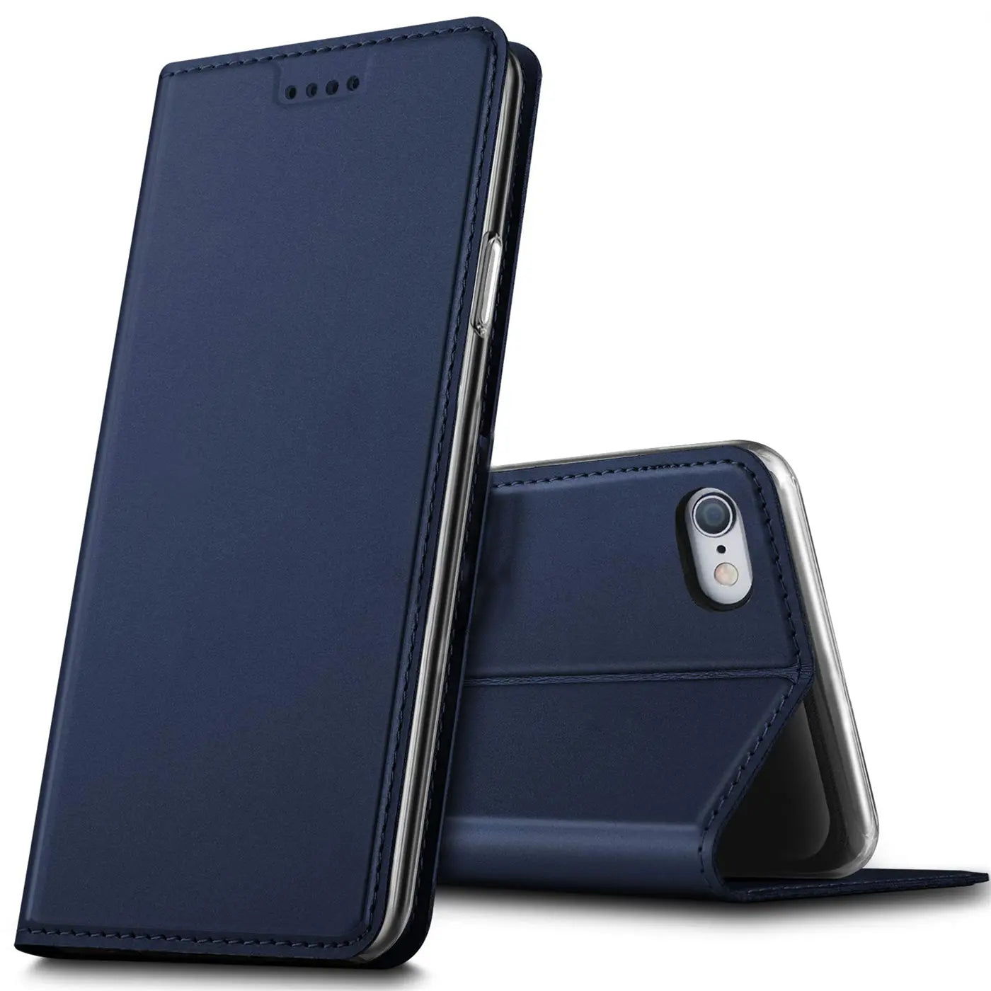 Dunkelblaue Leder-Flip-Hülle, seitliche Ansicht, zeigt iPhone 6/6S Rückseite