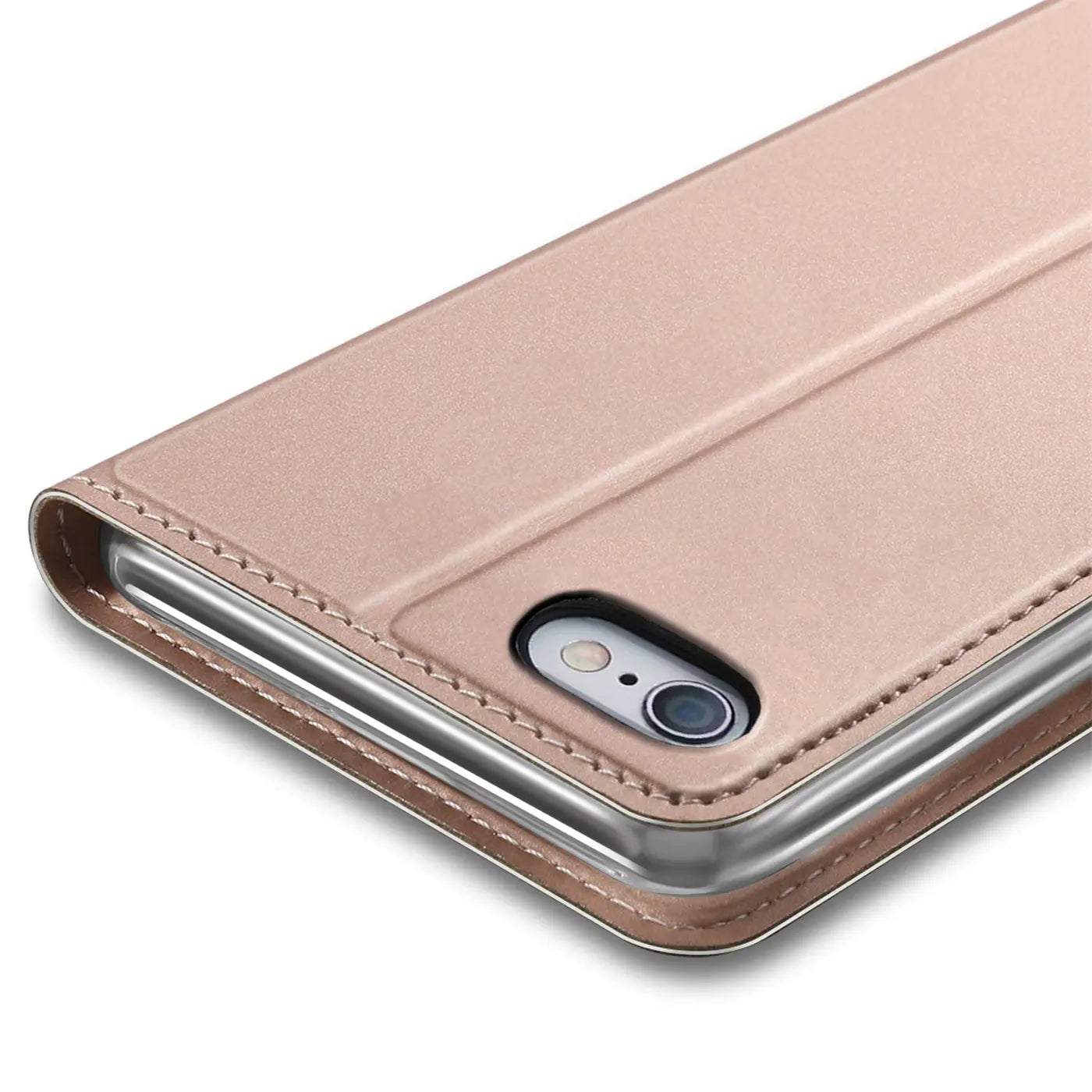 Roségoldene Metallic-Flip-Hülle aus Kunstleder, Nahaufnahme der Rückseite eines iPhone 6s Plus/6 Plus.