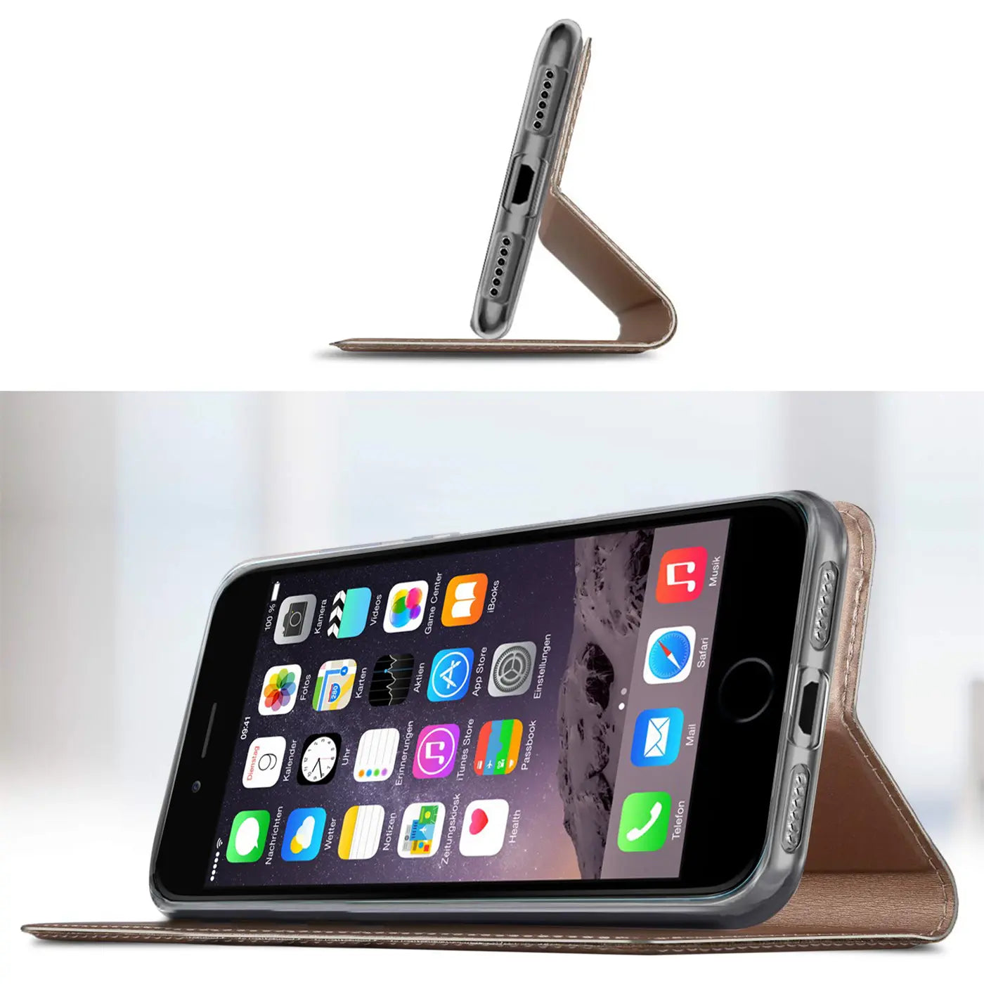 iPhone 6s Plus/6 Plus Hülle, braun, Lederoptik, von vorne/seitlich, aufgestellt.
