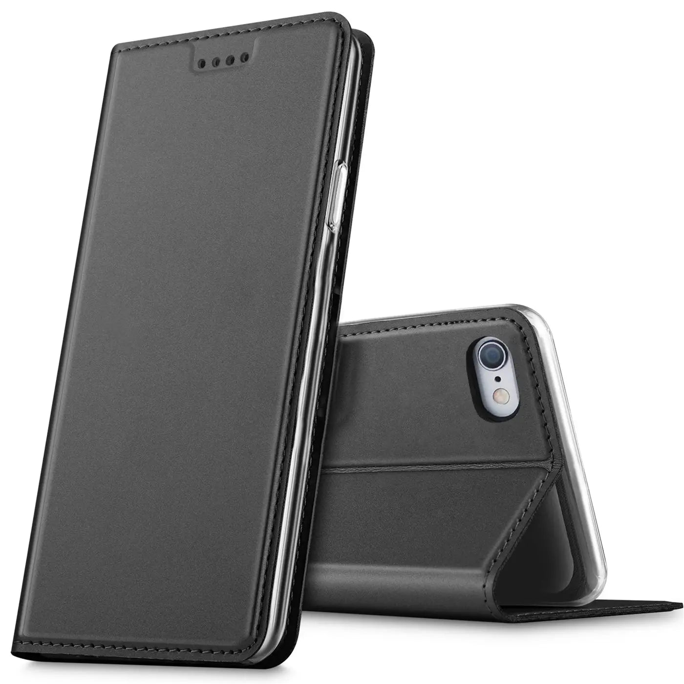 Schwarze Leder-Flip-Hülle für iPhone 6s Plus/6 Plus, von vorne und hinten gezeigt.