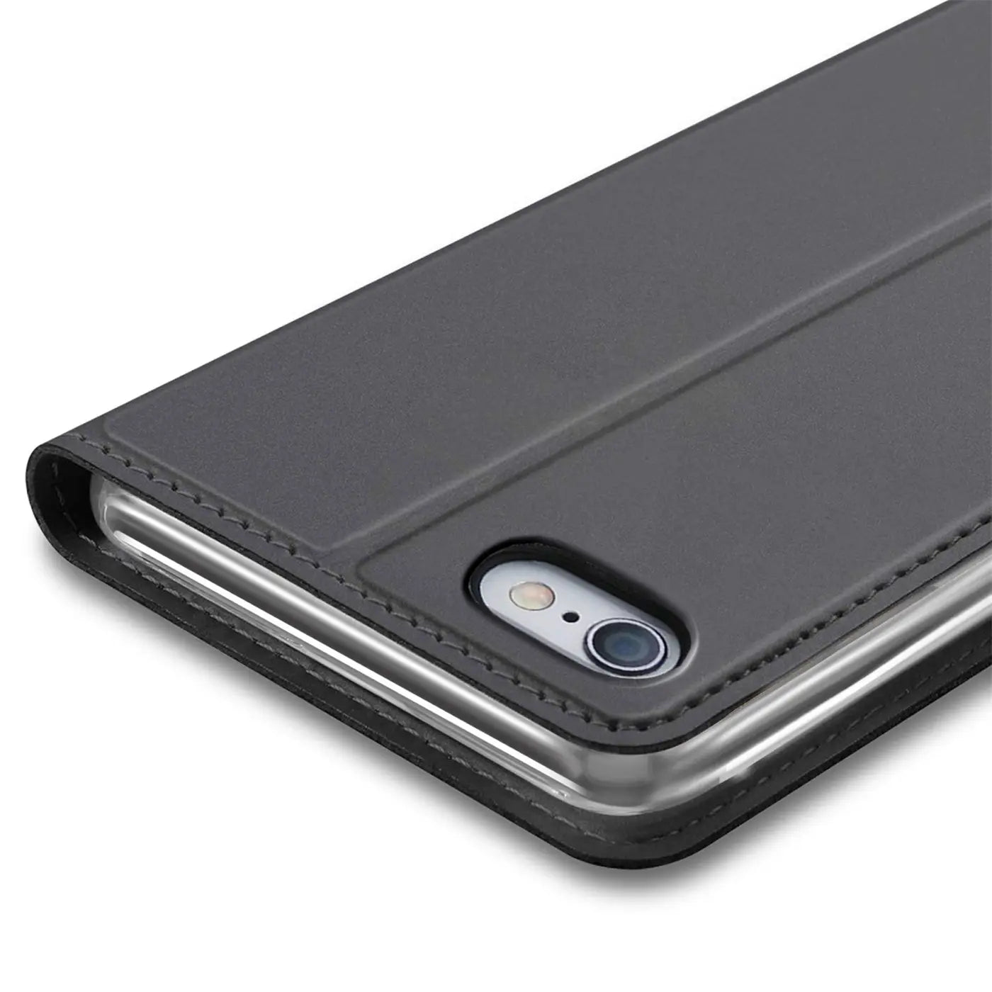 Dunkelgraue Klapphülle aus Kunstleder für iPhone 6s Plus/6 Plus, Nahaufnahme.