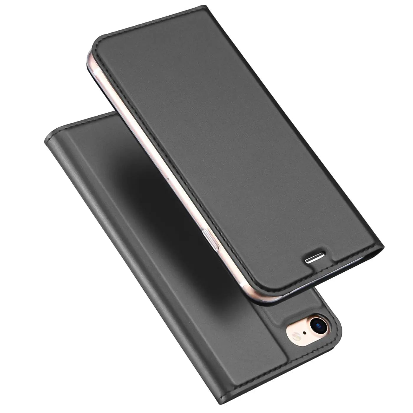 Schwarze Leder-Flip-Hülle für iPhone 6s Plus/6 Plus, von schräg oben gezeigt.
