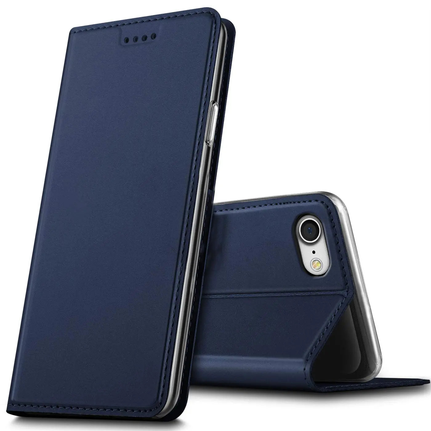 Dunkelblaue Leder-Flip-Hülle für iPhone 7/8/SE, von vorne/seitlich gezeigt.