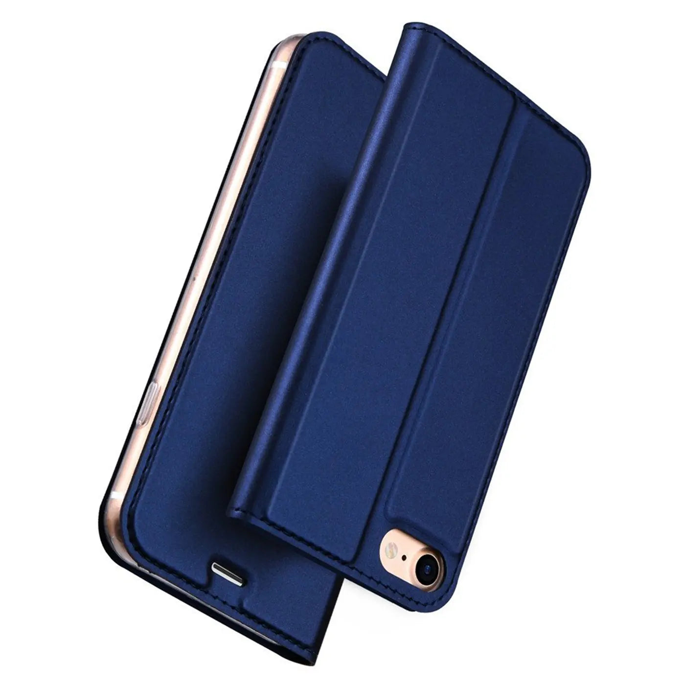 Dunkelblaue Leder-Flip-Hülle für iPhone 7/8/SE, von schräg oben fotografiert.