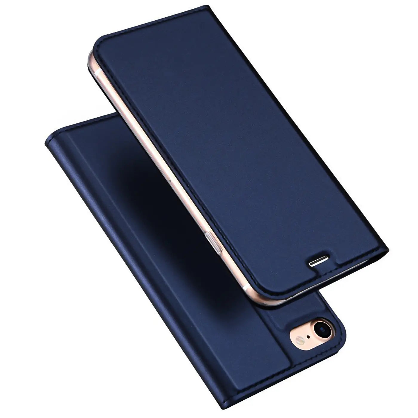 Dunkelblaue Leder-Flip-Hülle für iPhone 7/8/SE, von oben/schräg gezeigt.