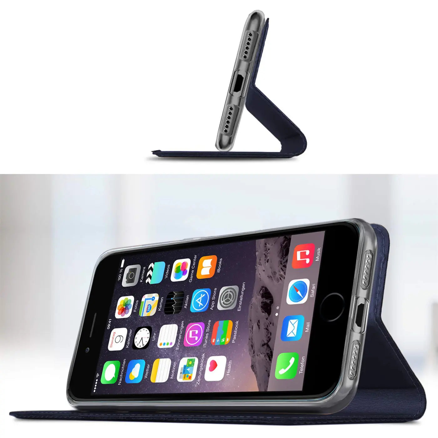 Dunkelblaue Klapphülle aus Leder mit iPhone 7 Plus/8 Plus, Seitenansicht.