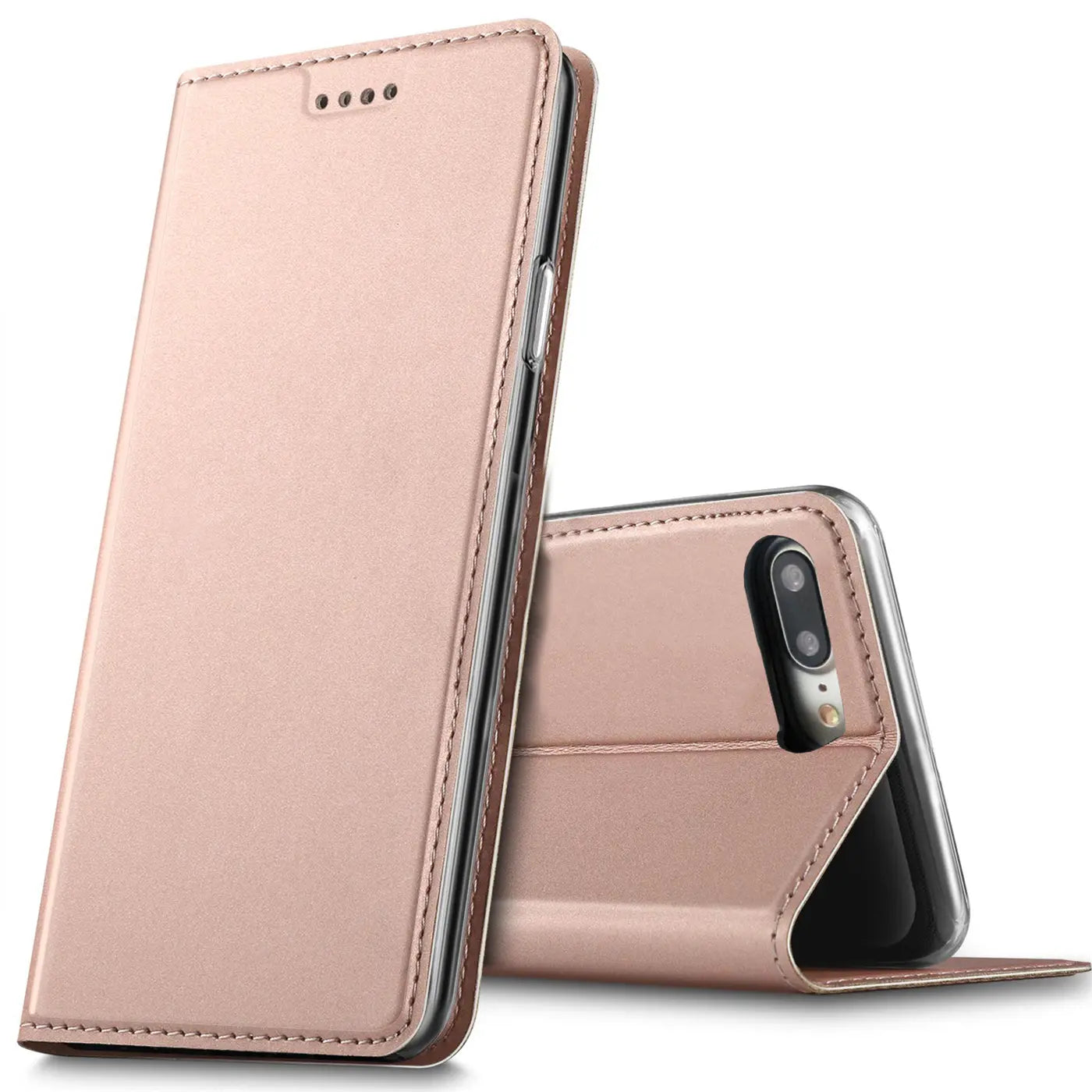 Rosafarbene Metallic-Flip-Hülle aus Kunstleder für iPhone 7 Plus/8 Plus, von vorne und hinten gezeigt.