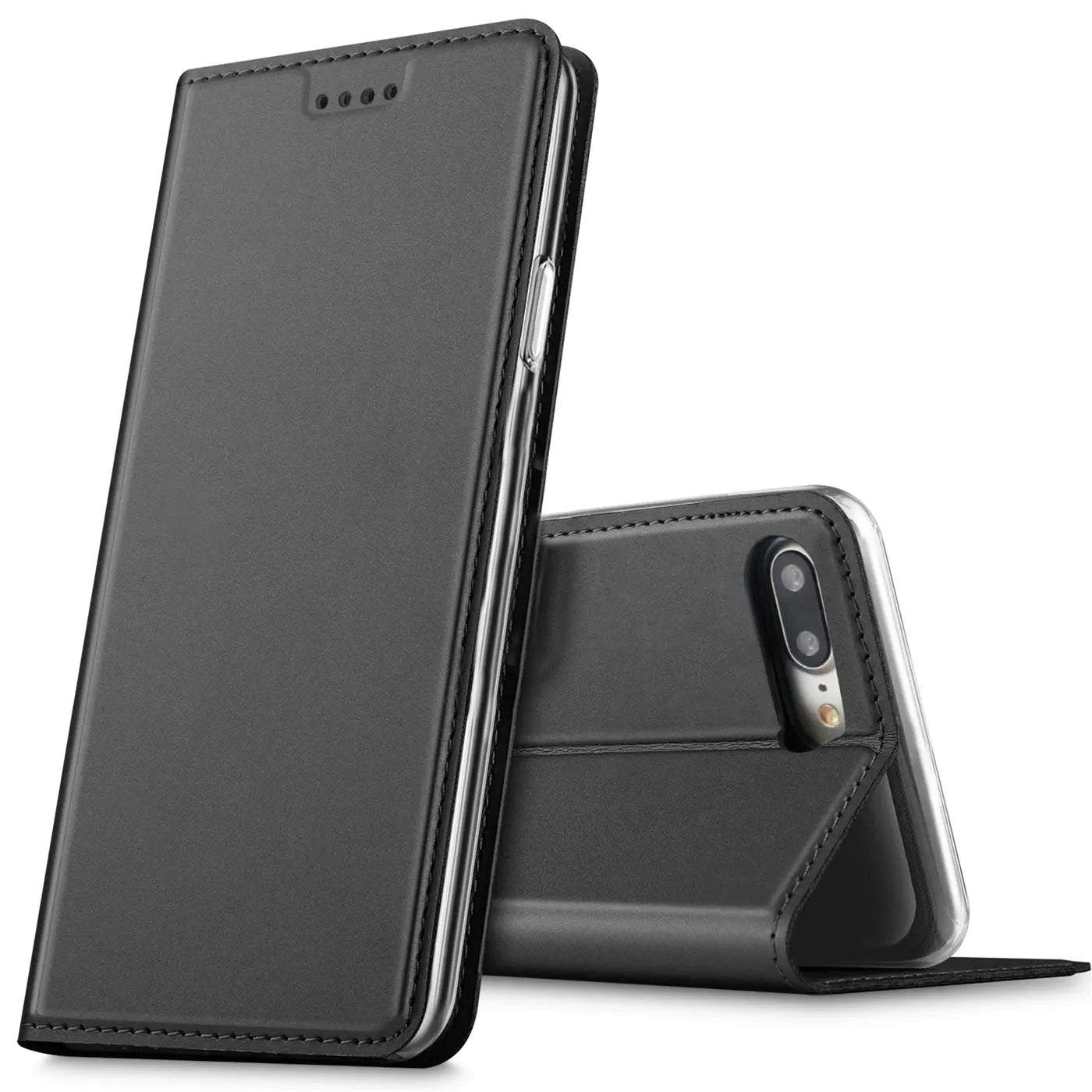 Schwarze Leder-Flip-Hülle für iPhone 7 Plus/8 Plus, von vorne und hinten gezeigt.