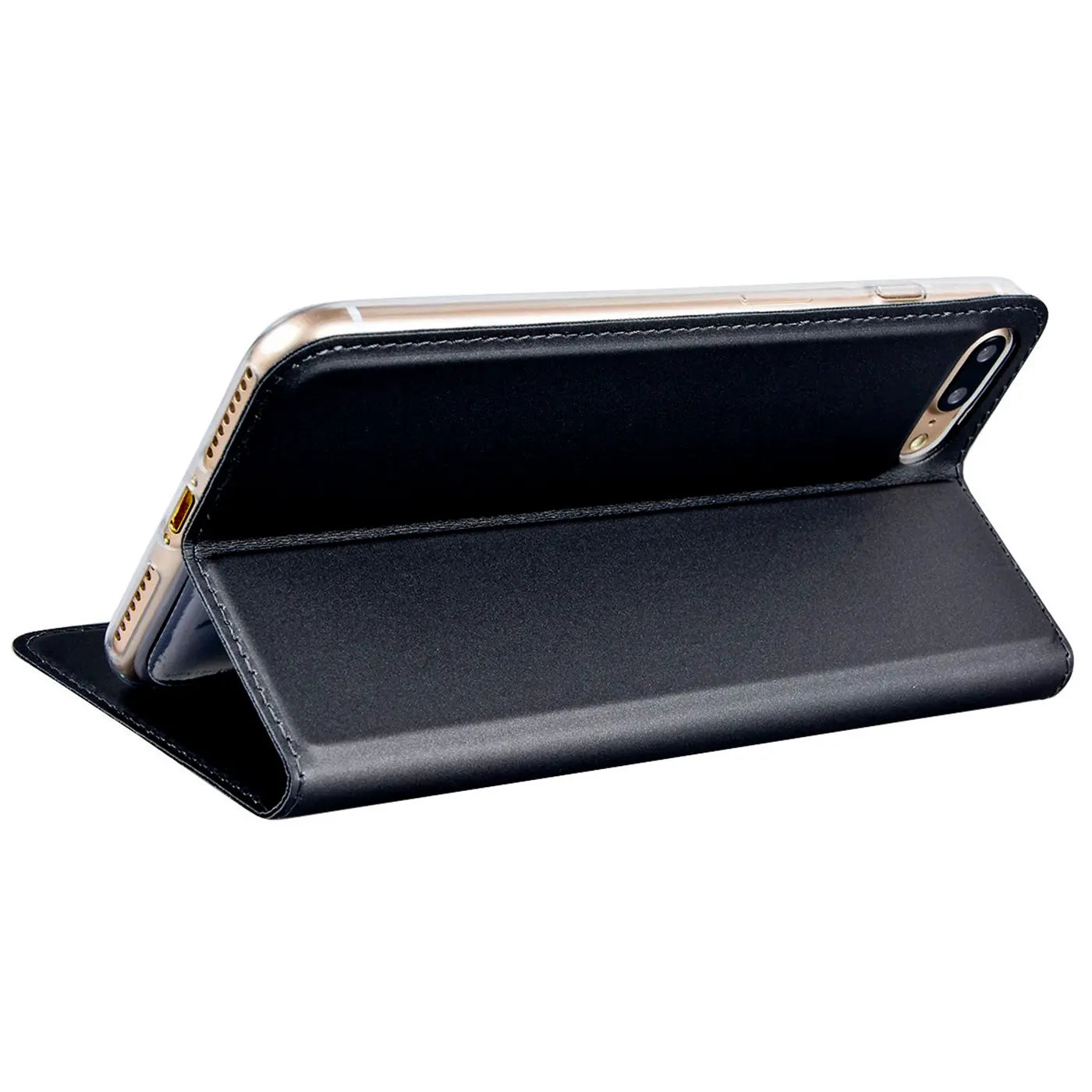 Schwarze Leder-Flip-Hülle für iPhone 7 Plus/8 Plus, von der Seite gezeigt, aufgestellt.