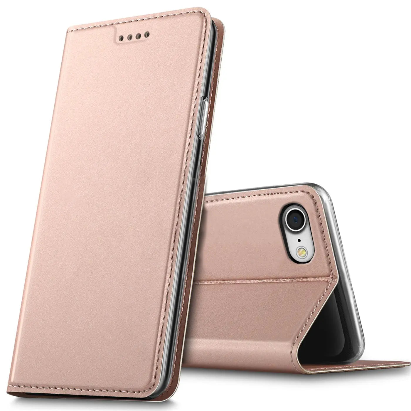 Roségoldene Metallic-Flip-Hülle aus Kunstleder, seitliche Ansicht, zeigt iPhone 7/8/SE.