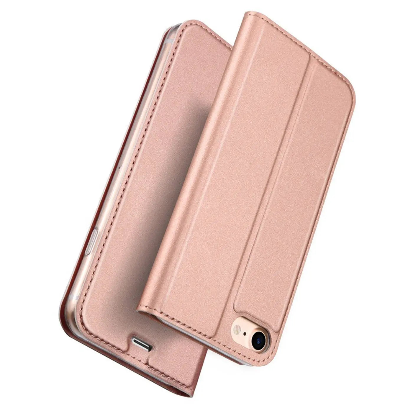 Rosafarbene Metallic-Flip-Hülle aus Kunstleder, schräg von oben, zeigt iPhone 7/8/SE.