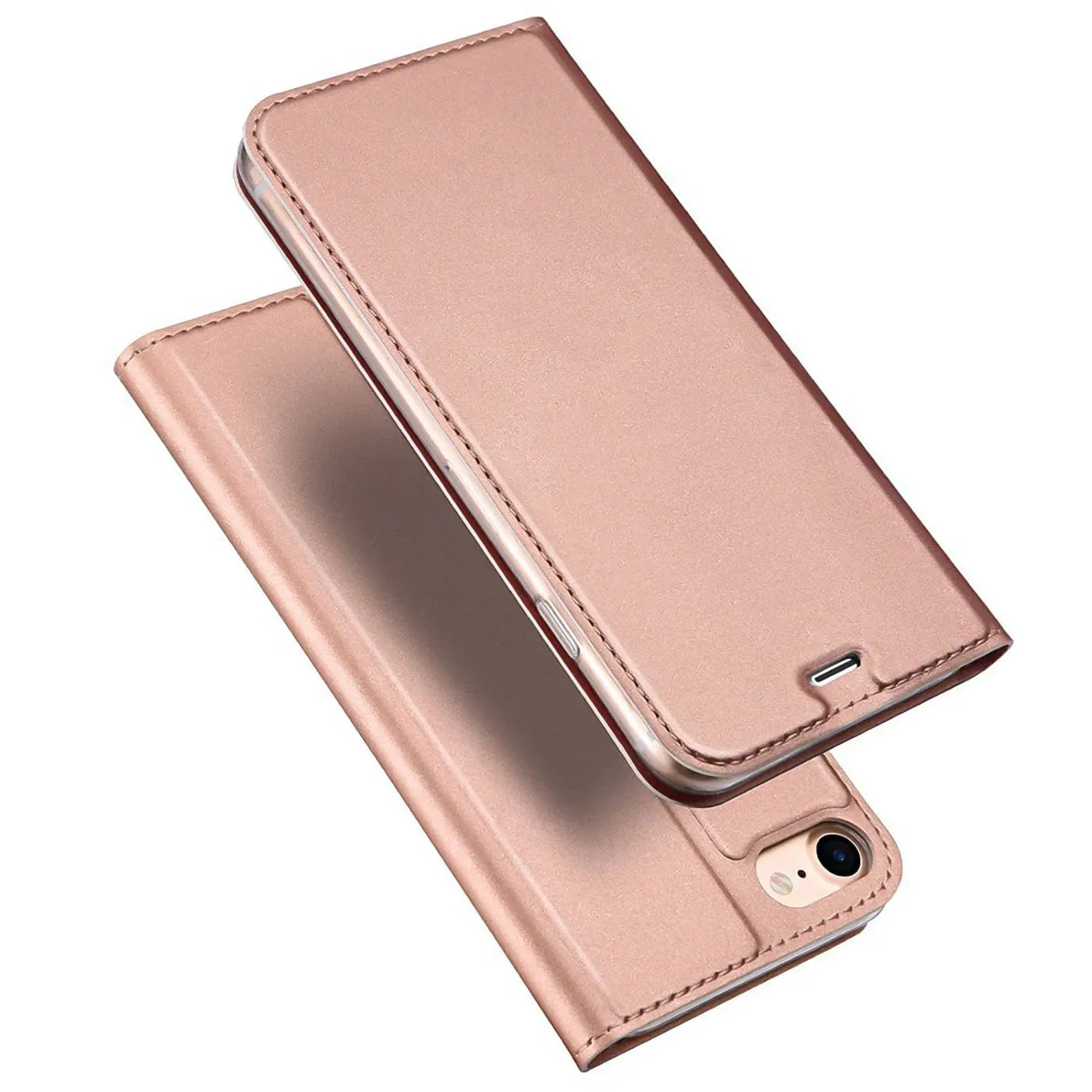 Roségoldene Metallic-Flip-Hülle aus Kunstleder, schräg von oben, für iPhone 7/8/SE.