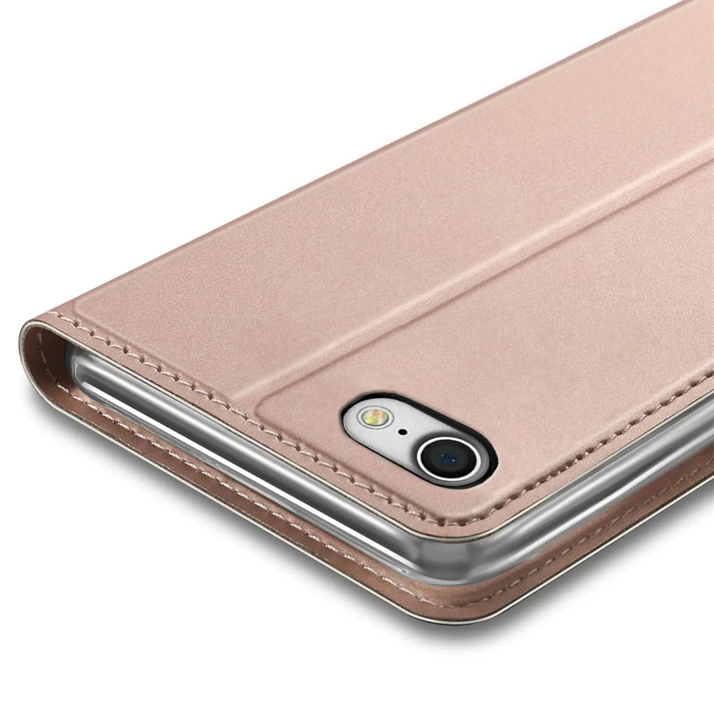 Rosafarbene Metallic-Flip-Hülle aus Kunstleder, Nahaufnahme, iPhone 7/8/SE.