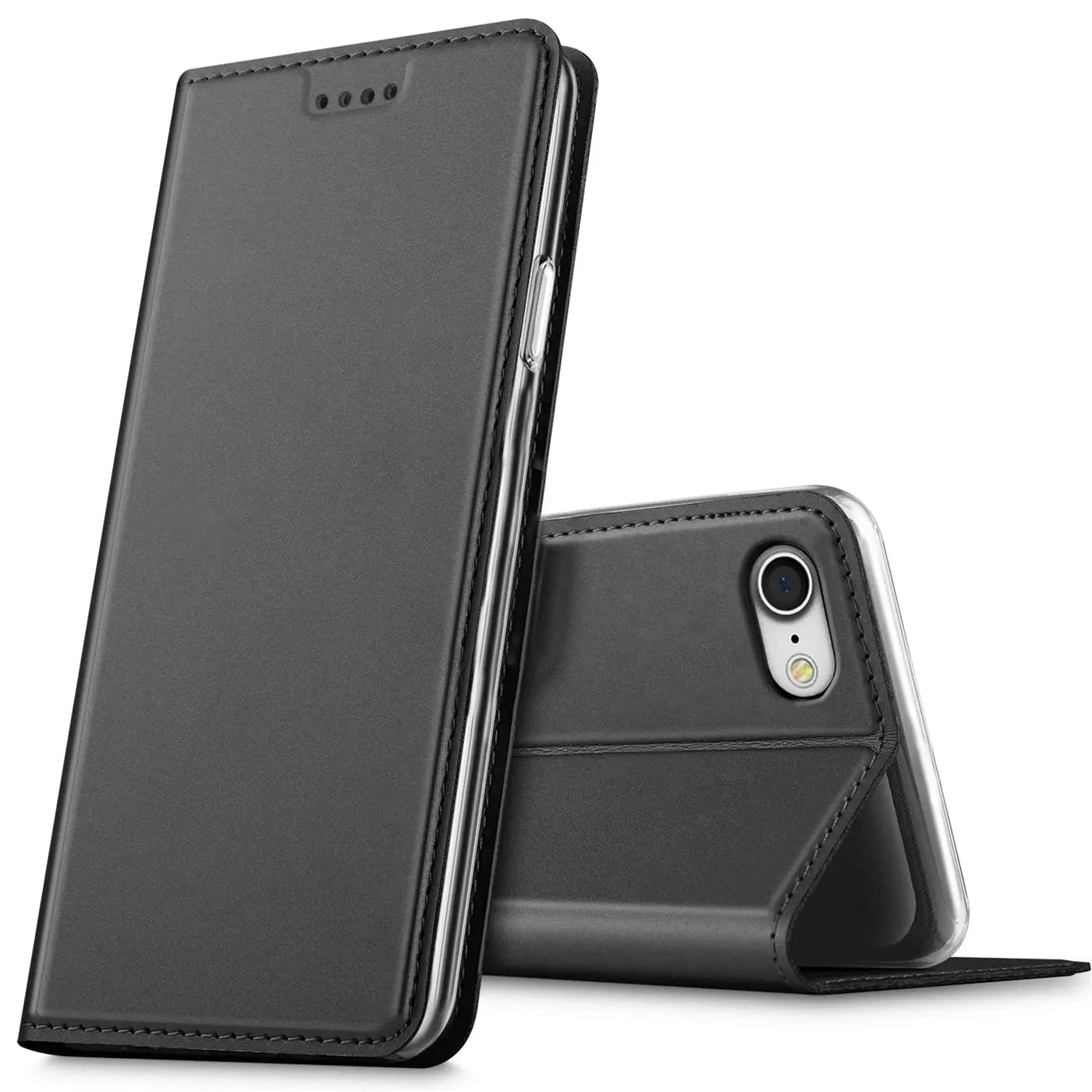 Schwarze Leder-Flip-Hülle für iPhone 7/8/SE, von vorne und hinten gezeigt.
