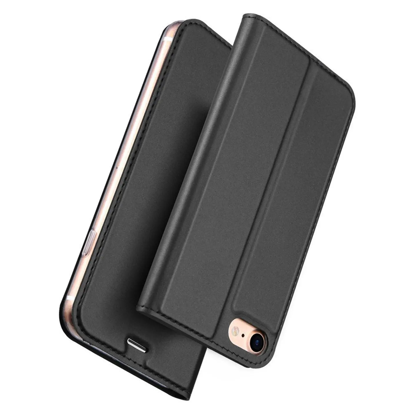 Schwarze Leder-Flip-Hülle mit offenem iPhone 7/8/SE (2./3. Gen) von schräg oben.