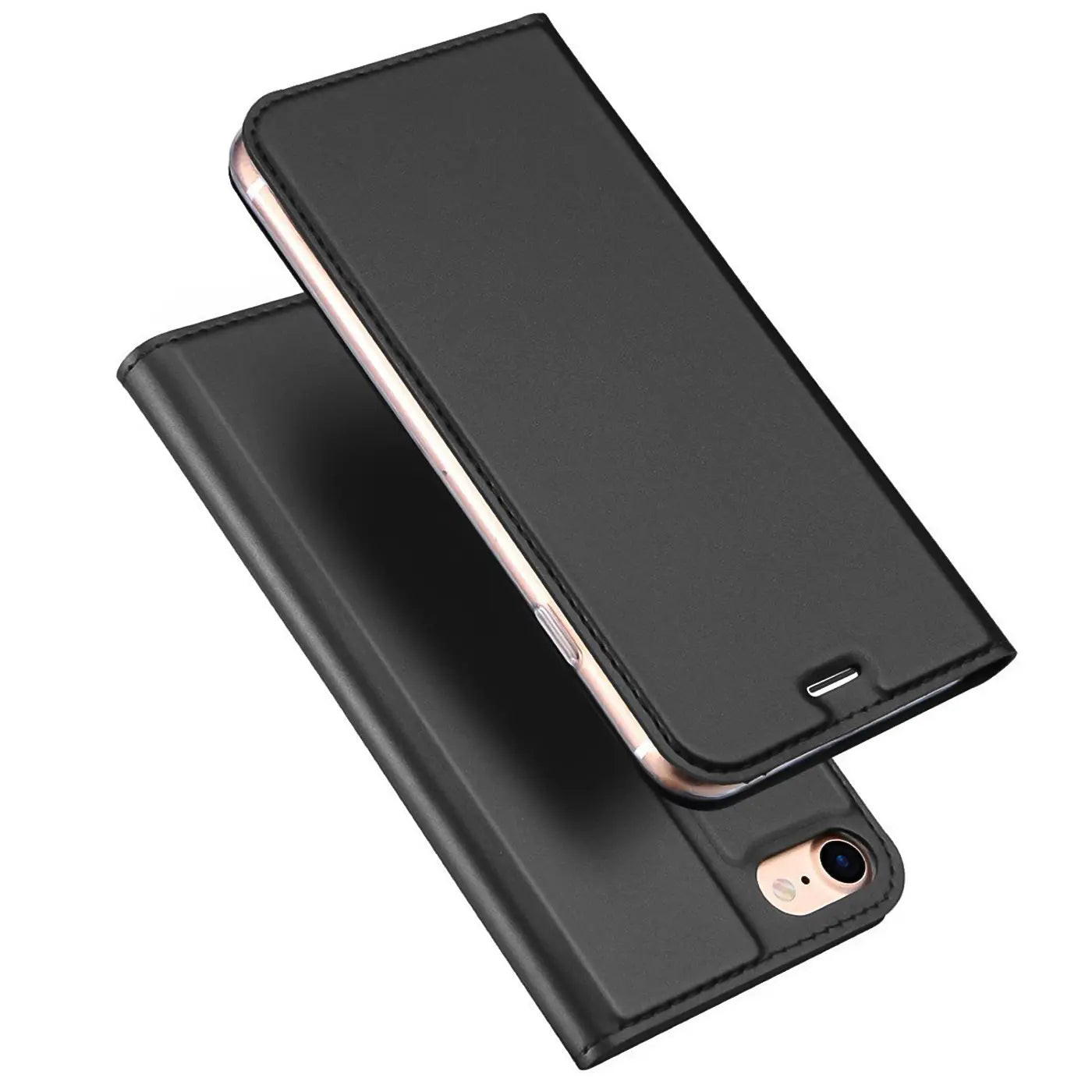 Schwarze Leder-Flip-Hülle für iPhone 7/8/SE, von schräg oben fotografiert.