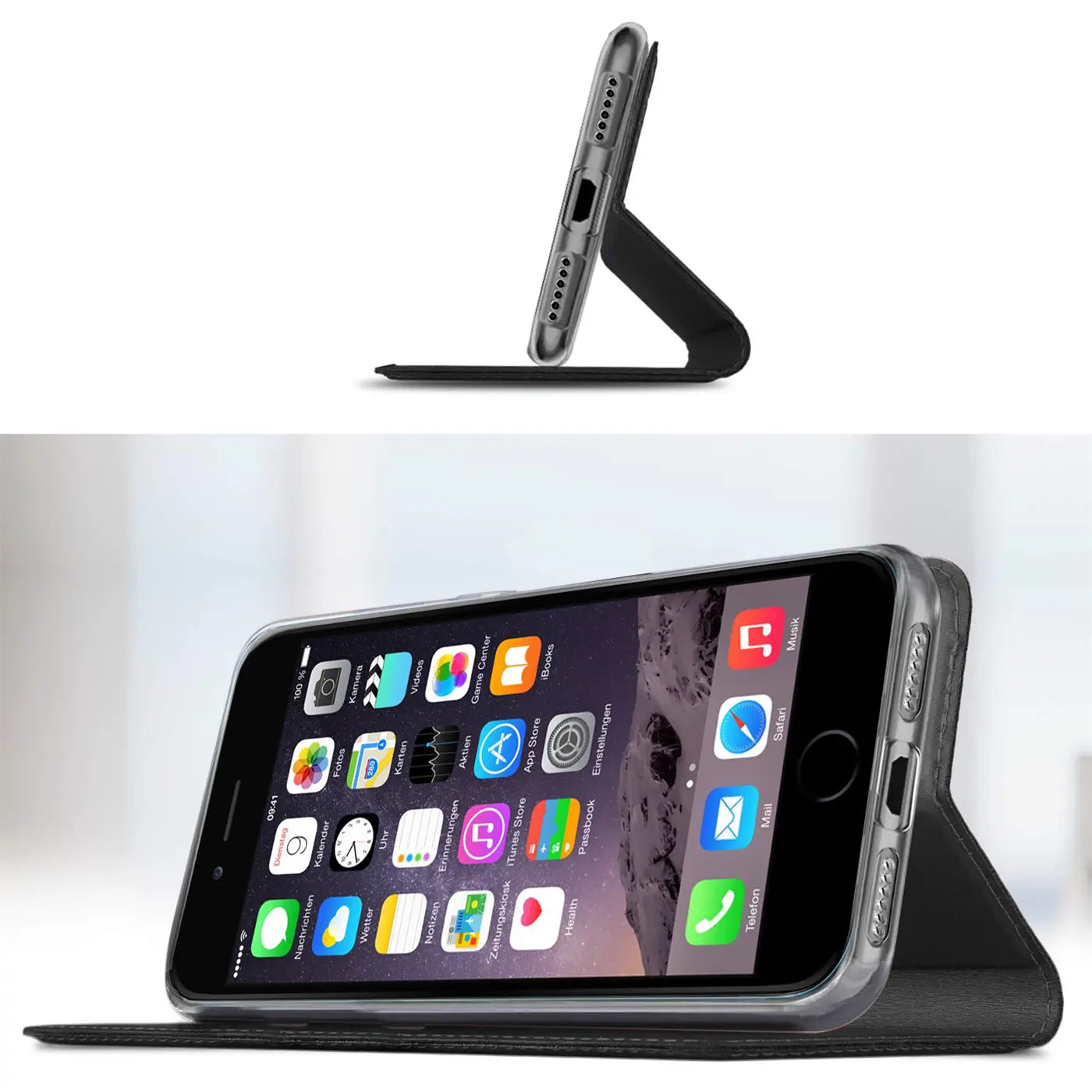 iPhone 7/8/SE mit schwarzer Klapphülle, von vorne und seitlich, mit Ständerfunktion.