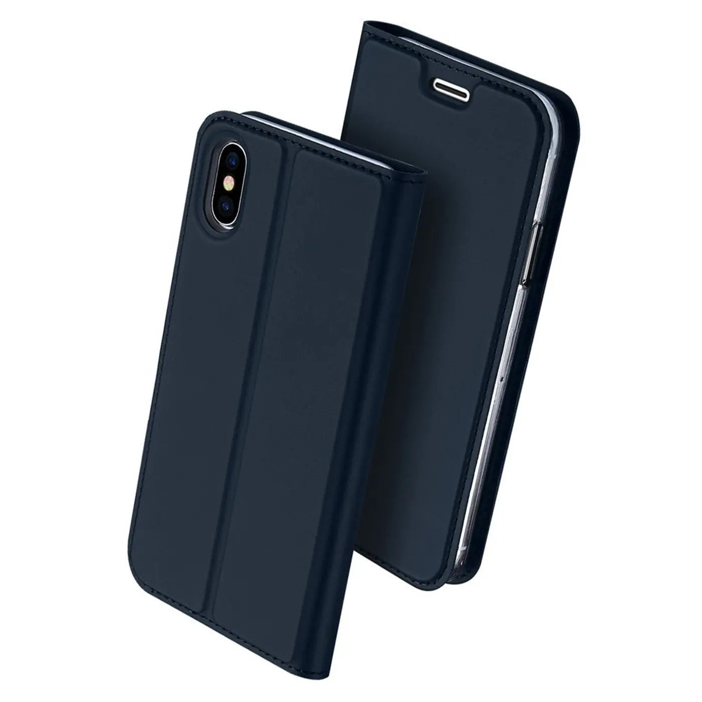 Dunkelblaue Leder-Flip-Hülle für iPhone X/XS, von vorne links, mit offenem Deckel.